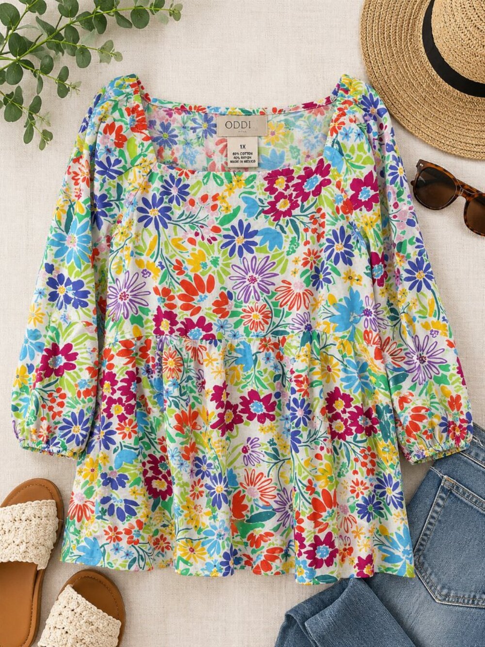 Oddi Floral Peasant Blouse 1X Cottagecore Boho Babydoll Top
